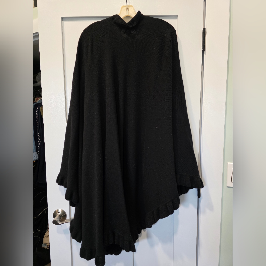Black Cashmere Cape With Ruffle Trim